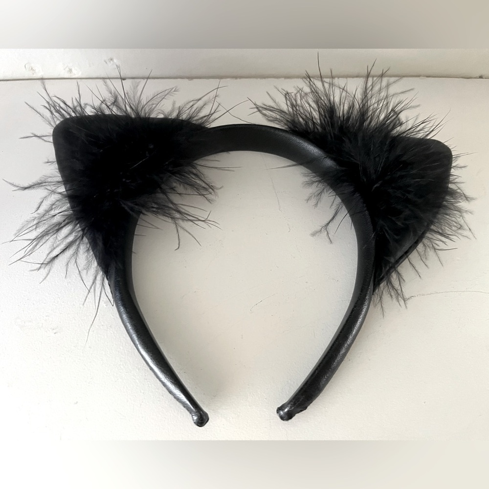 Black Feather Accent Adult Cat Ears Headband